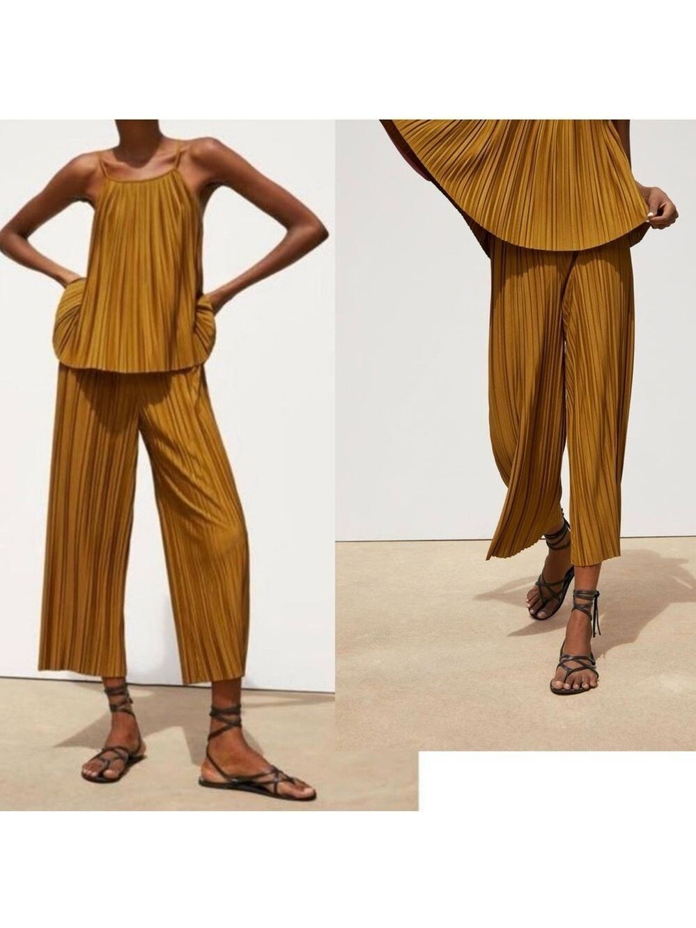 Zara golden mustard yellow pleated cropped wide leg culotte Palazo pants Sz m